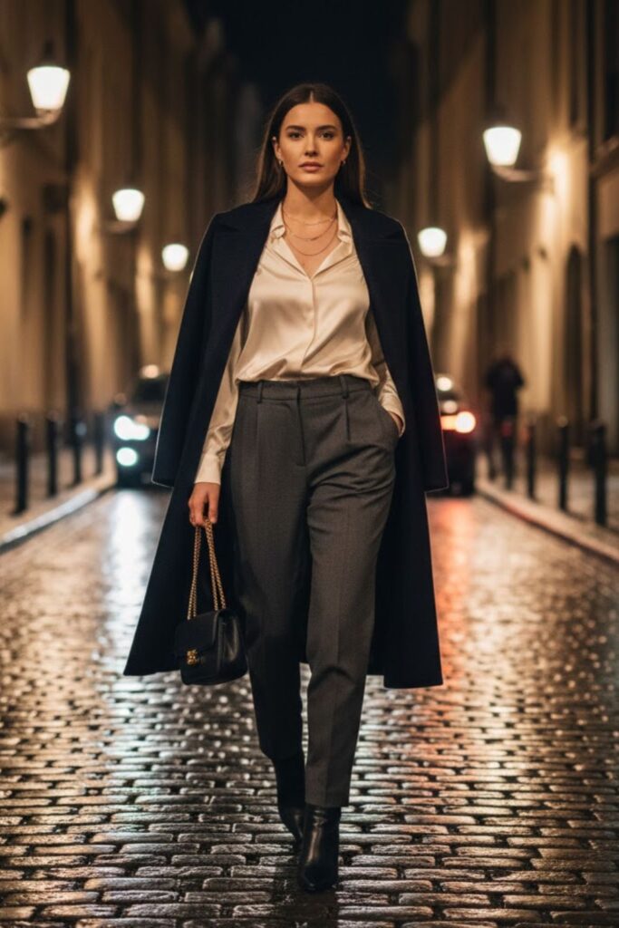 5. Blouse With Tailored Trousers and Coat