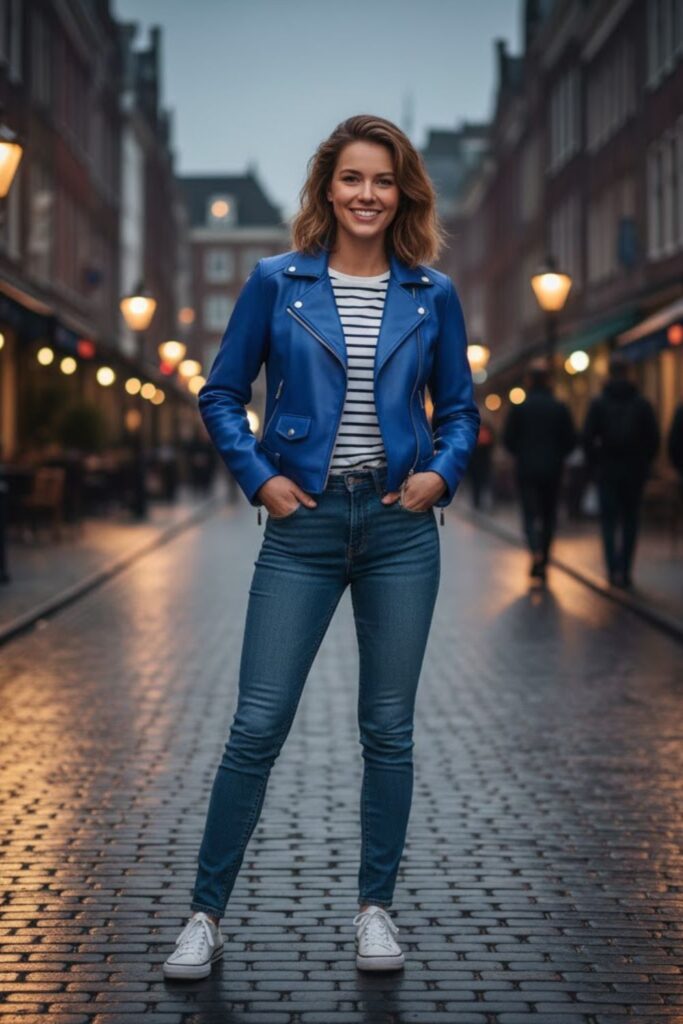 5. Blue Leather Jacket Outfit with Striped Tee and Denim
