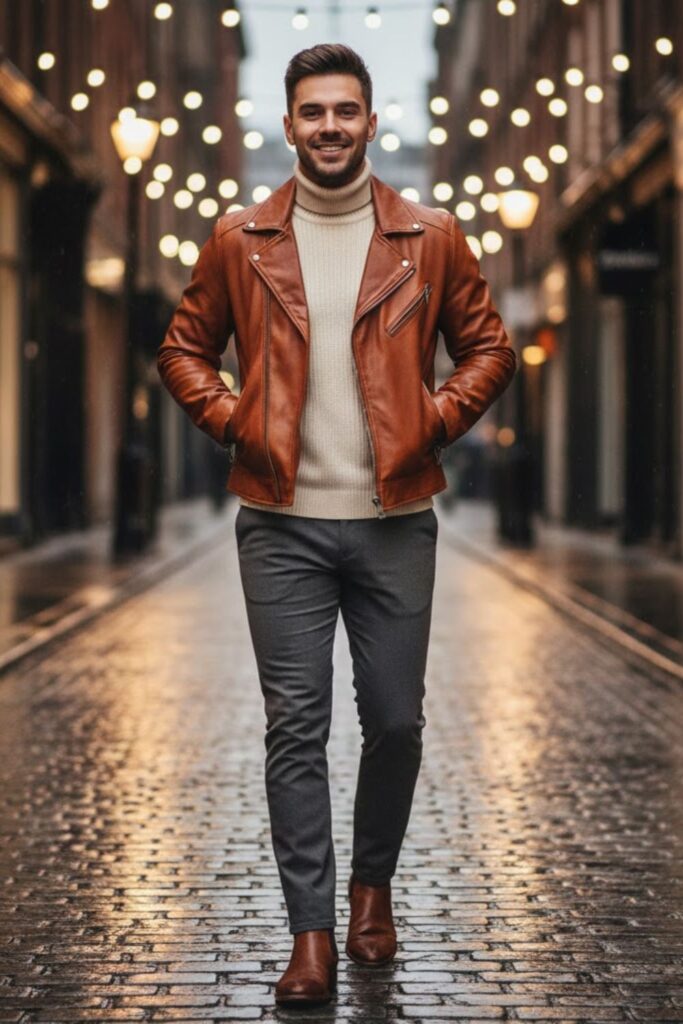 5. Brown Leather Jacket with a Turtleneck Sweater