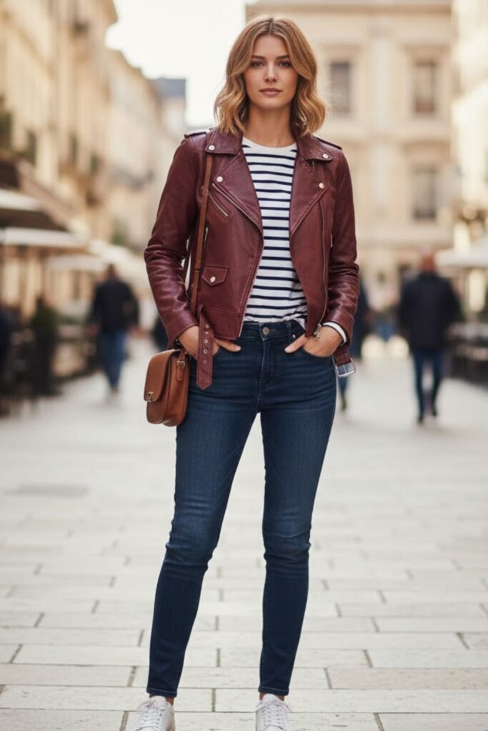 5. Burgundy Leather Jacket Outfit with Striped Tee and Denim