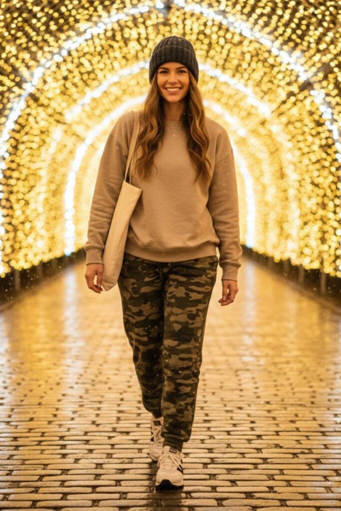 5. Camo Sweatpants with Neutral Crewneck and Trainers
