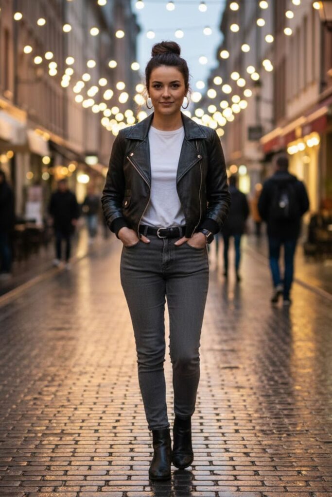 5. Casual Leather Bomber with Grey Jeans and T-Shirt