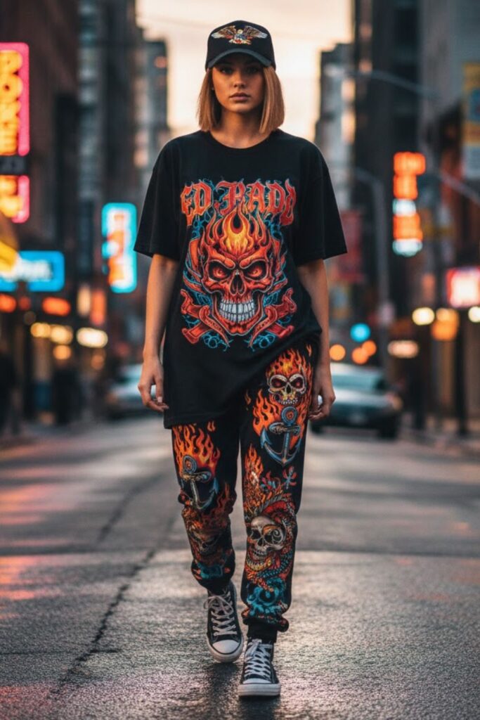 5. Ed Hardy Sweatpants with Oversized Graphic Tee