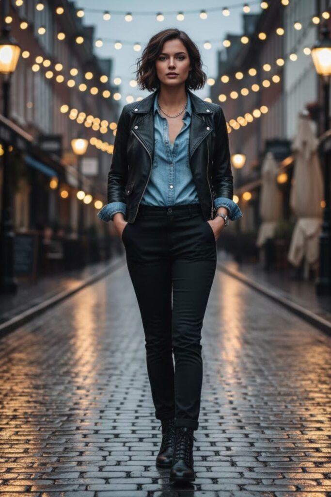 5. Faux Leather Jacket with Denim Shirt and Black Trousers
