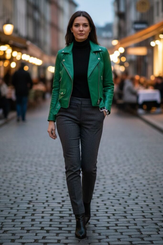 5. Green Leather Jacket with Turtleneck and Slim Trousers