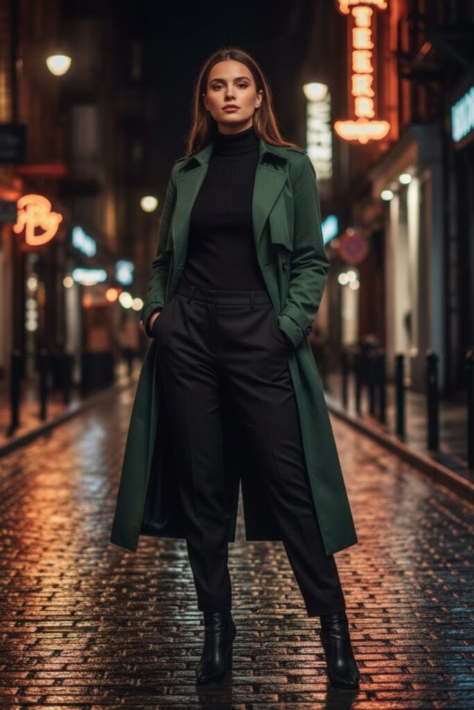 5. Green Trench Coat Over an All-Black Outfit