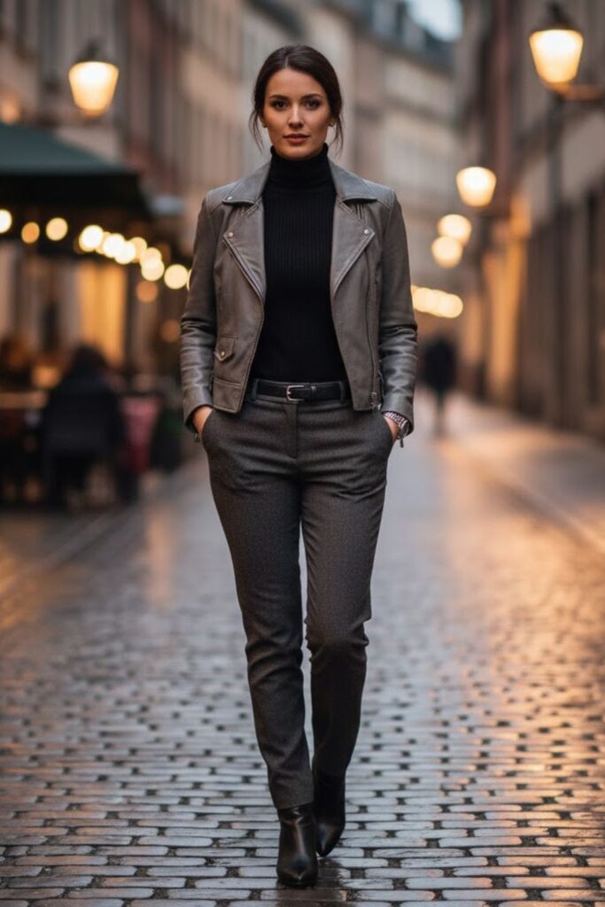 5. Grey Leather Jacket with Turtleneck and Slim Trousers