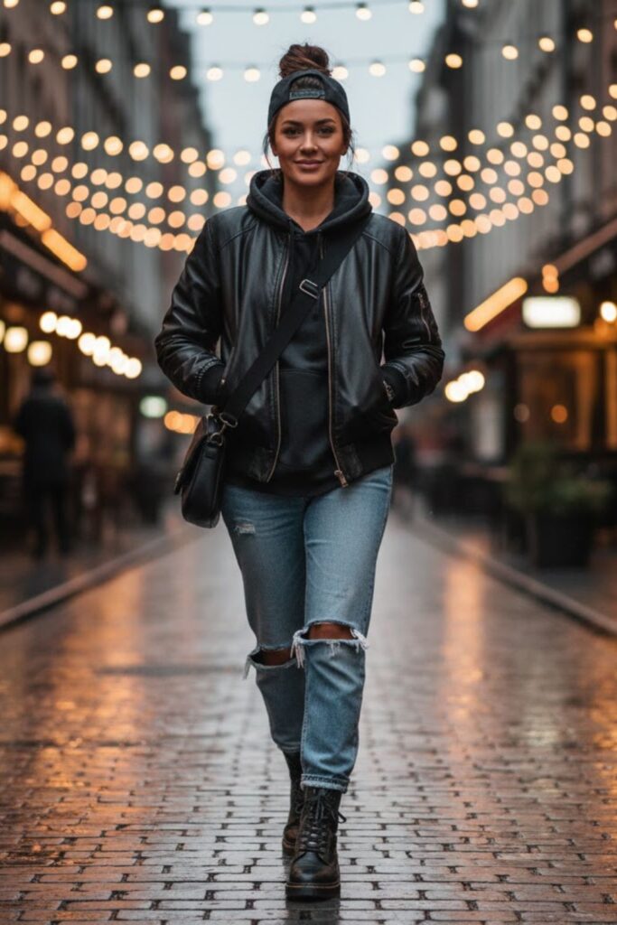 5. Leather Bomber Jacket with Distressed Jeans and Hoodie