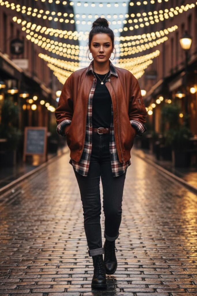 5. Leather Jacket with Plaid Shirt and Dark Jeans