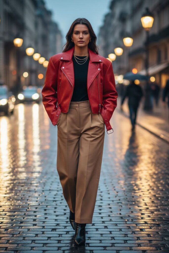 5. Leather Jacket with Wide-Leg Trousers