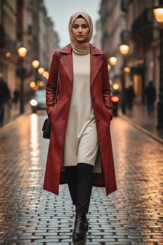 5. Leather Jacket with a Tunic Top and Slim-Fit Trousers