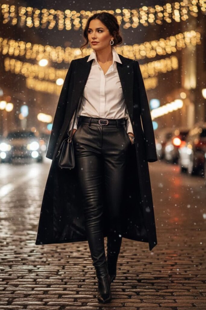 5. Leather Pants Outfit Going Out Winter with Button-Down Shirt