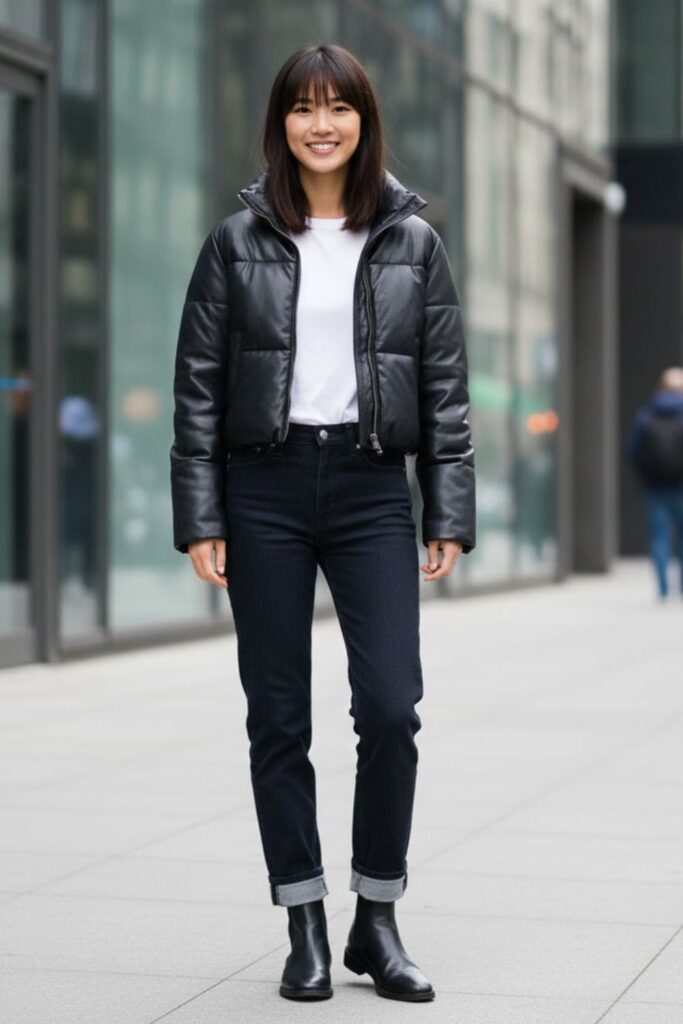 5. Leather Puffer Jacket Outfit with Straight-Leg Jeans