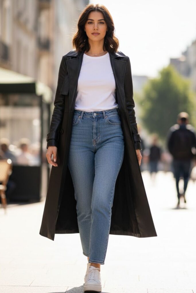 5. Long Leather Jacket with High-Waisted Jeans