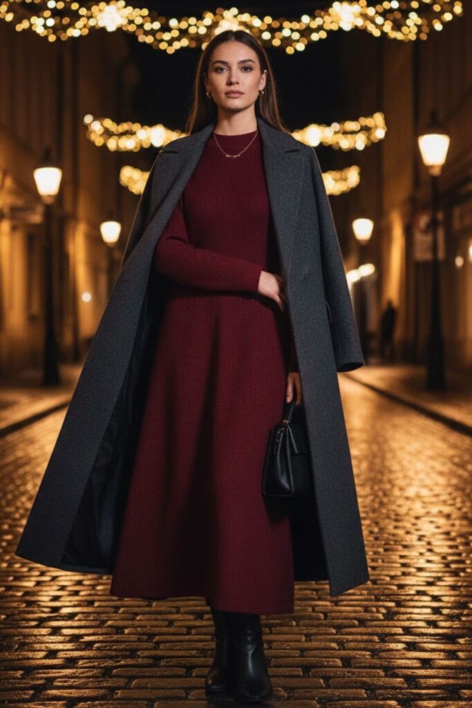 5. Long Wool Coat With Midi Dress