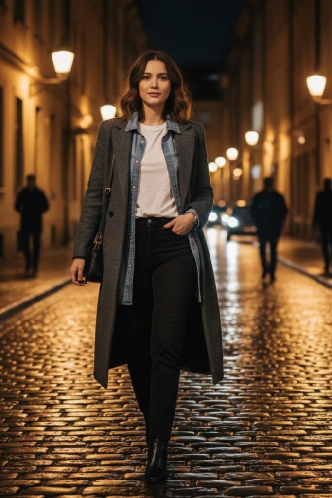 5. Long coat outfit casual with denim shirt and black jeans