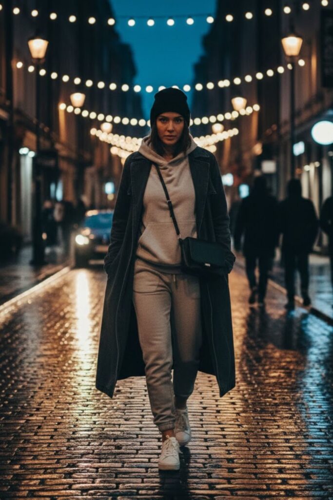 5. Long denim coat outfit with hoodie and joggers