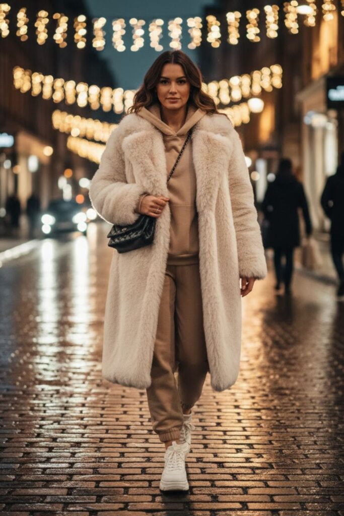 5. Long fluffy coat outfit with hoodie and joggers