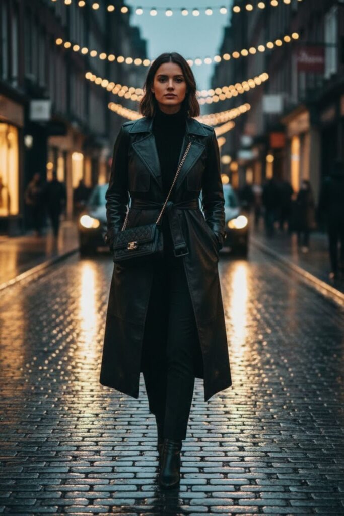 5. Long leather coat outfit with all-black layers
