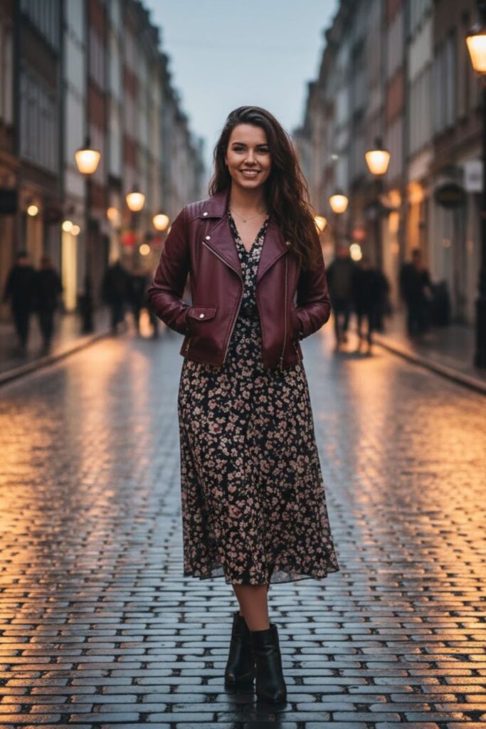 5. Maroon Leather Jacket with a Floral Dress