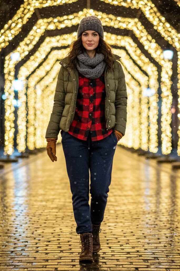 5. Navy Sweatpants with Quilted Jacket and Leather Boots