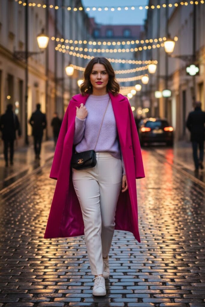 5. Pink long coat outfit with pastel sweater and white pants