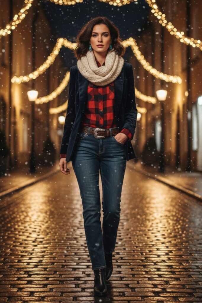 5. Plaid Shirt, Velvet Blazer, and Dark Wash Jeans