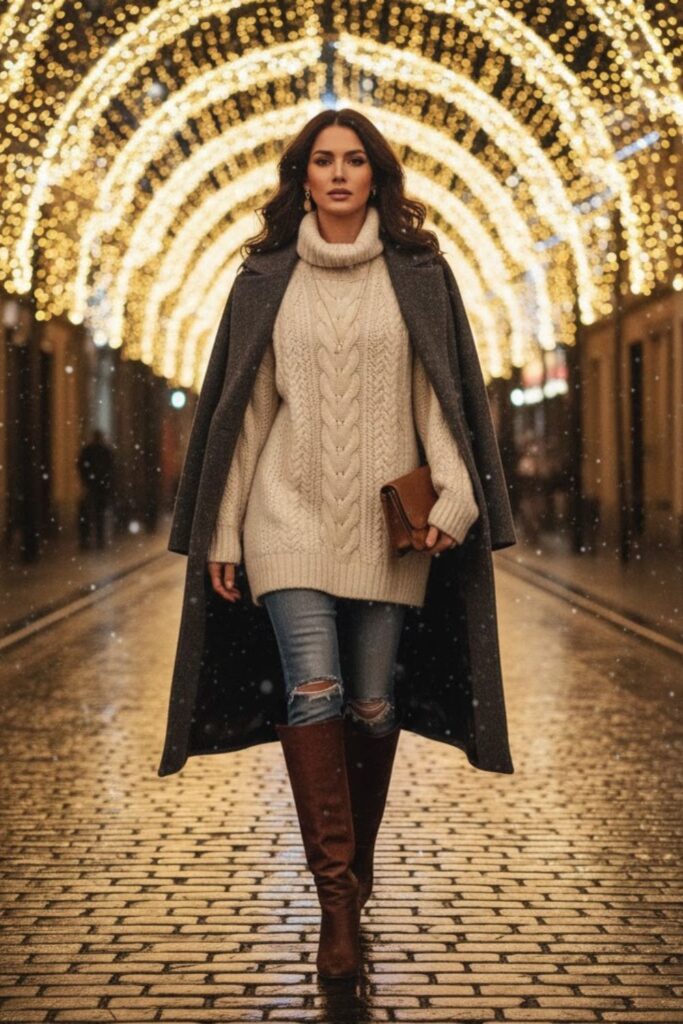 5. Ripped Jeans with Chunky Knit and Knee-High Boots