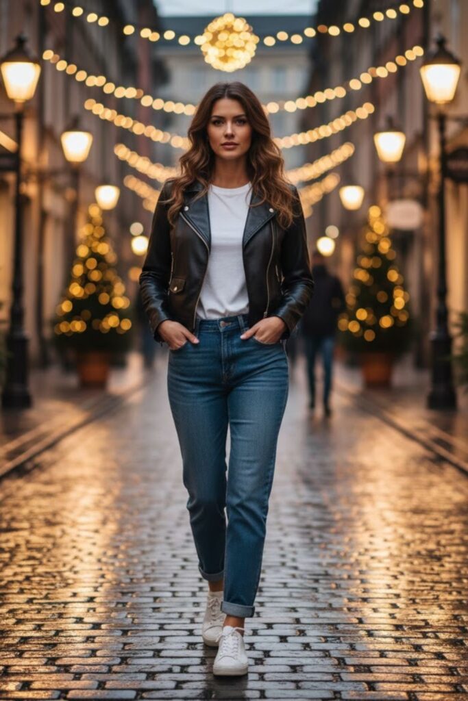 5. Short Leather Jacket with a Basic Tee and Sneakers