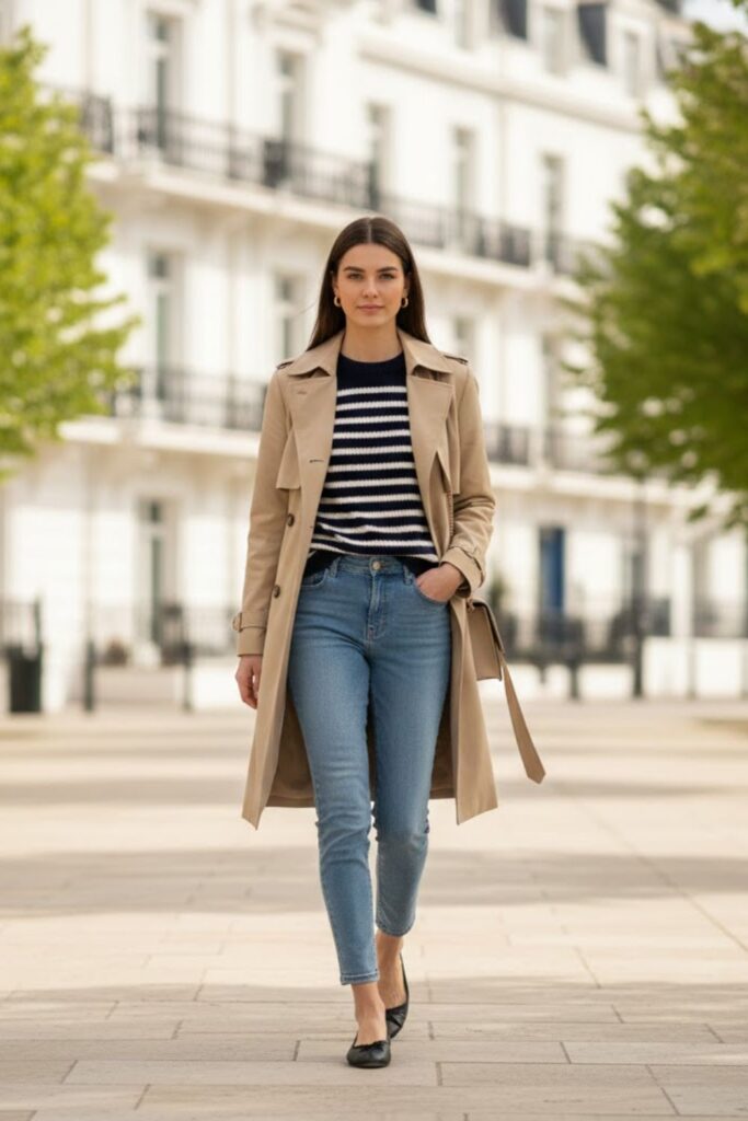 5. Spring Trench Coat with Striped Sweater