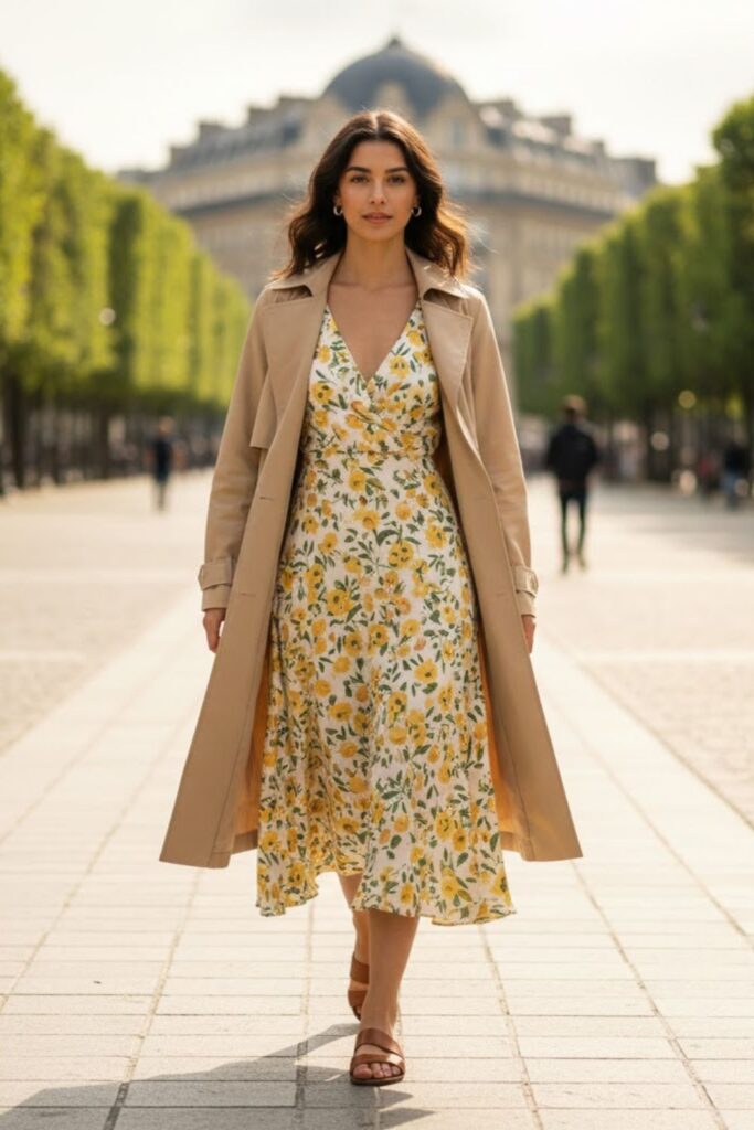 5. Tan Trench Coat with Floral Dress