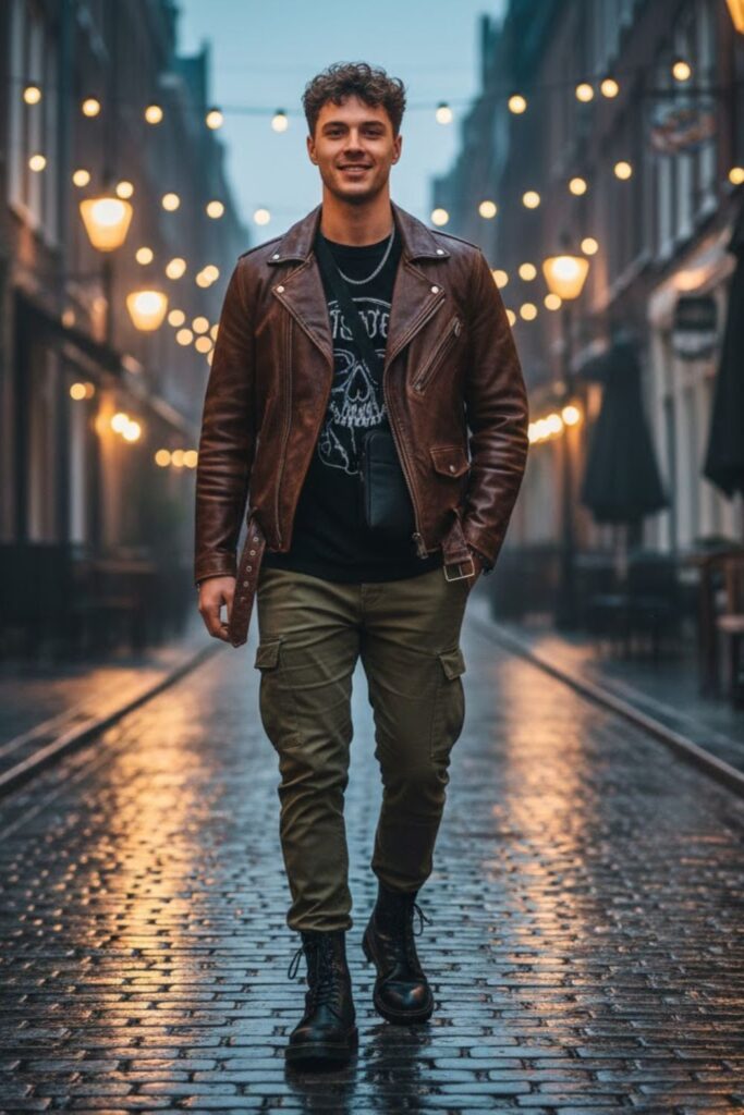 5. Vintage Leather Jacket with Graphic Tee and Cargo Pants