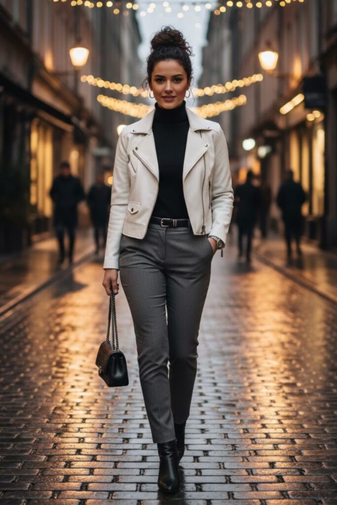 5. White Leather Jacket with Turtleneck and Slim Trousers