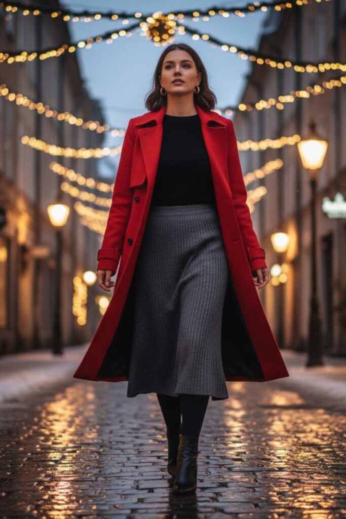 5. Winter Trench Coat with a Midi Skirt and Ankle Boots