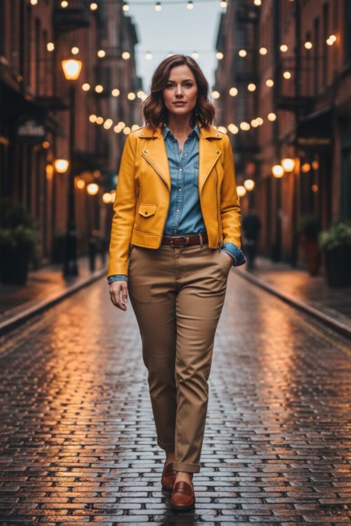 5. Yellow Leather Jacket with Denim Shirt and Khaki Pants