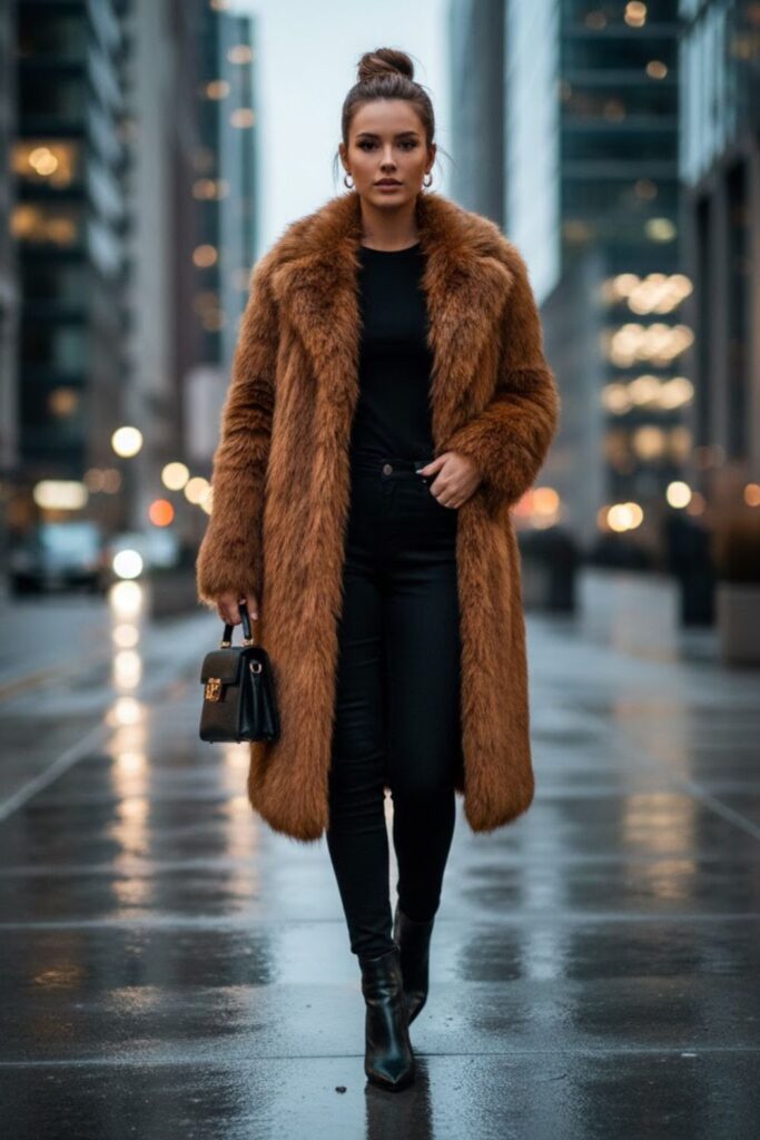 5. long fur coat outfit with all-black layers