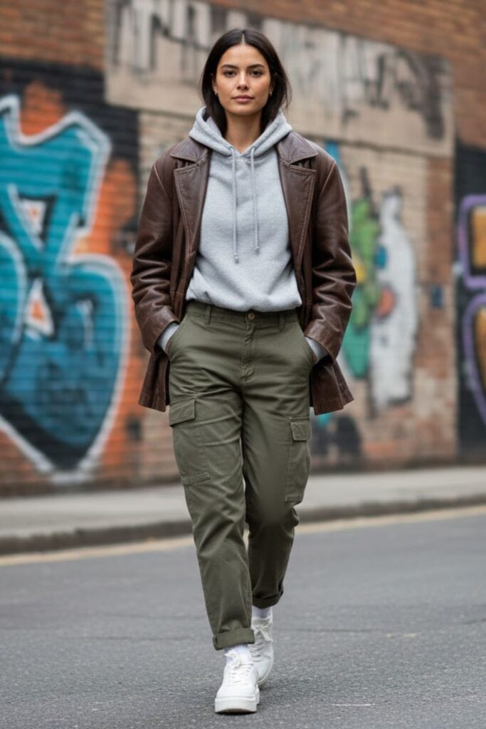 6. 90s Leather Jacket Outfit with Hoodie
