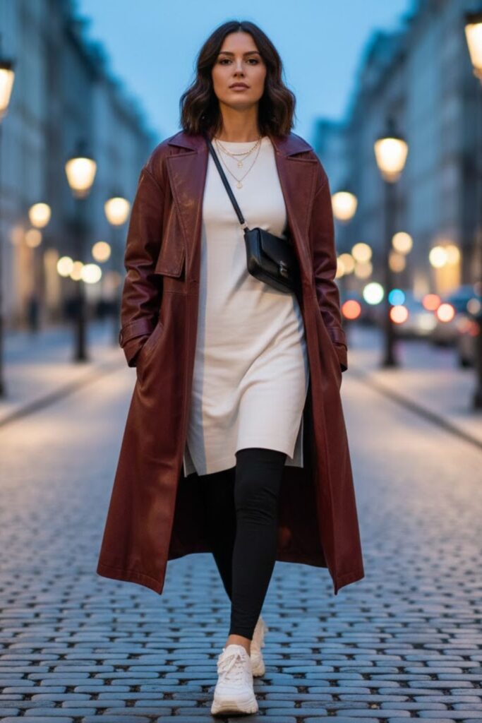 6. Baggy Leather Jacket with Leggings and Longline Top