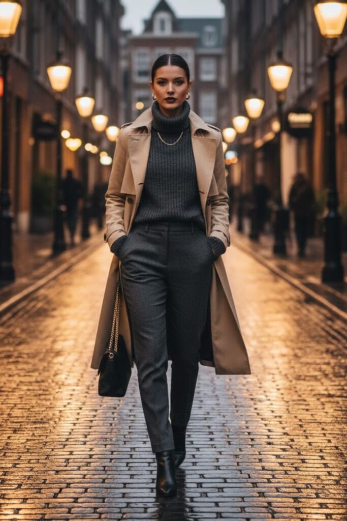 6. Beige Trench Coat With Gray Sweater and Tailored Trousers