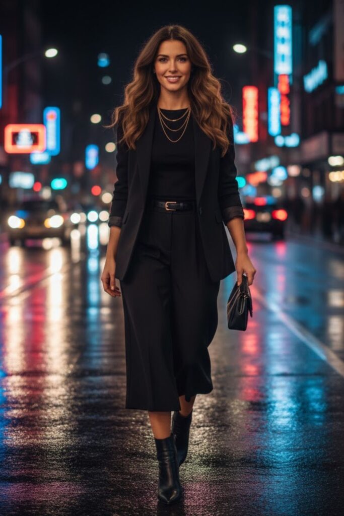 6. Black Blazer with Black Culottes