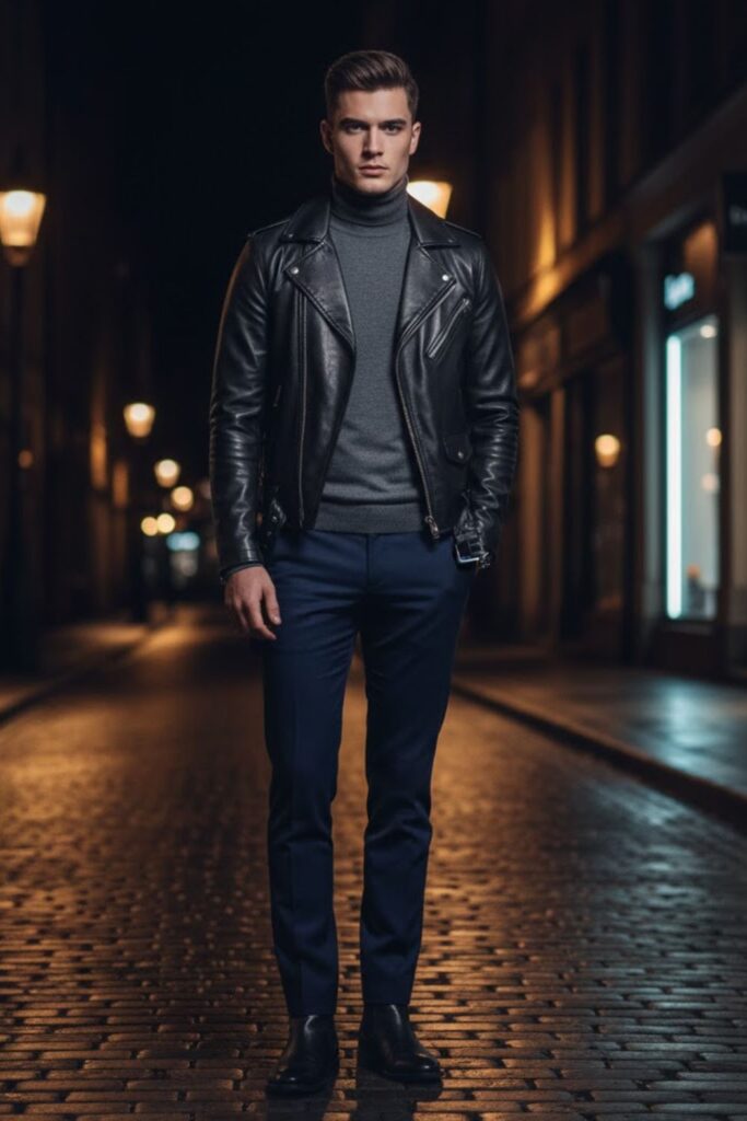 6. Black Leather Jacket Outfit Men with Turtleneck and Slim Trousers