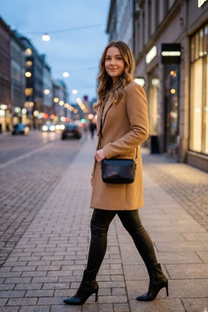 6. Black Leggings with Heeled Boots and Long Coat