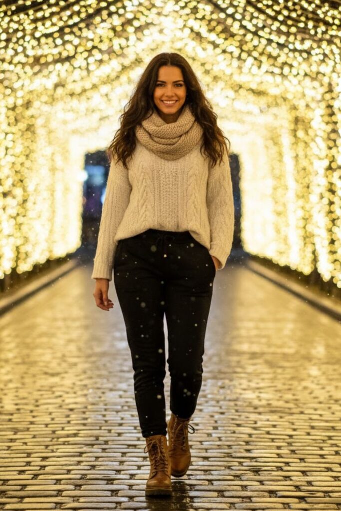 6. Black Sweatpants with Cable Knit Sweater and Boots