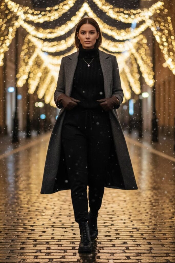 6. Black Sweatpants with Long Wool Coat and Turtleneck