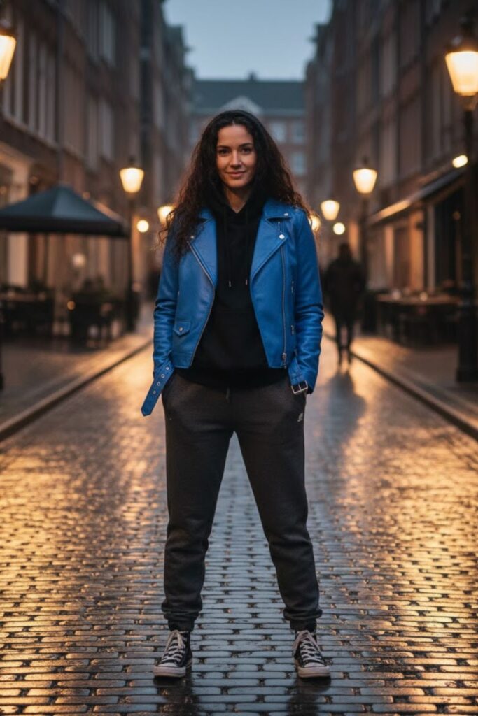 6. Blue Leather Jacket Outfit with Black Hoodie and Joggers