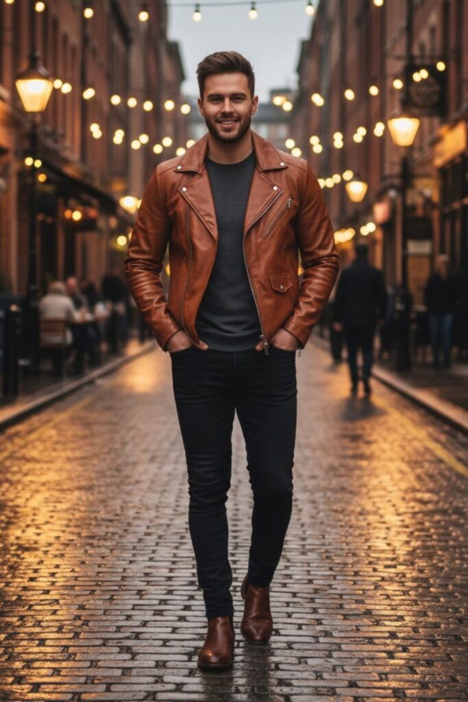 6. Brown Leather Jacket with Black Jeans