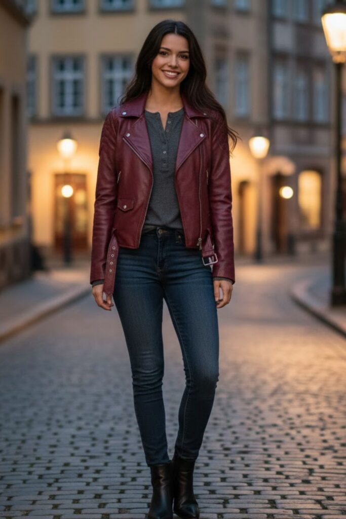 6. Burgundy Leather Jacket Outfit with Henley Shirt