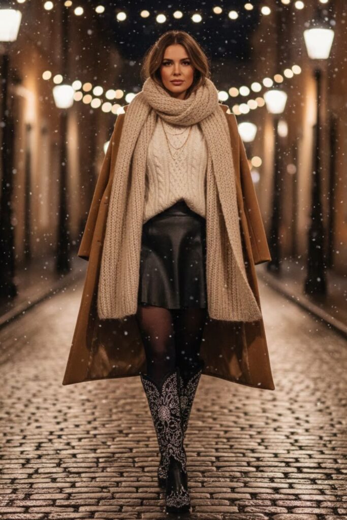 6. Cable Knit Sweater, Crystal Embellished Boots, and Leather Skirt