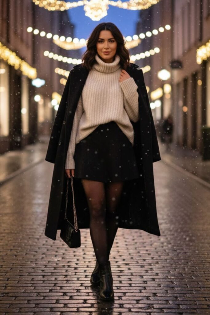 6. Chunky Knit with Mini Skirt and Tights