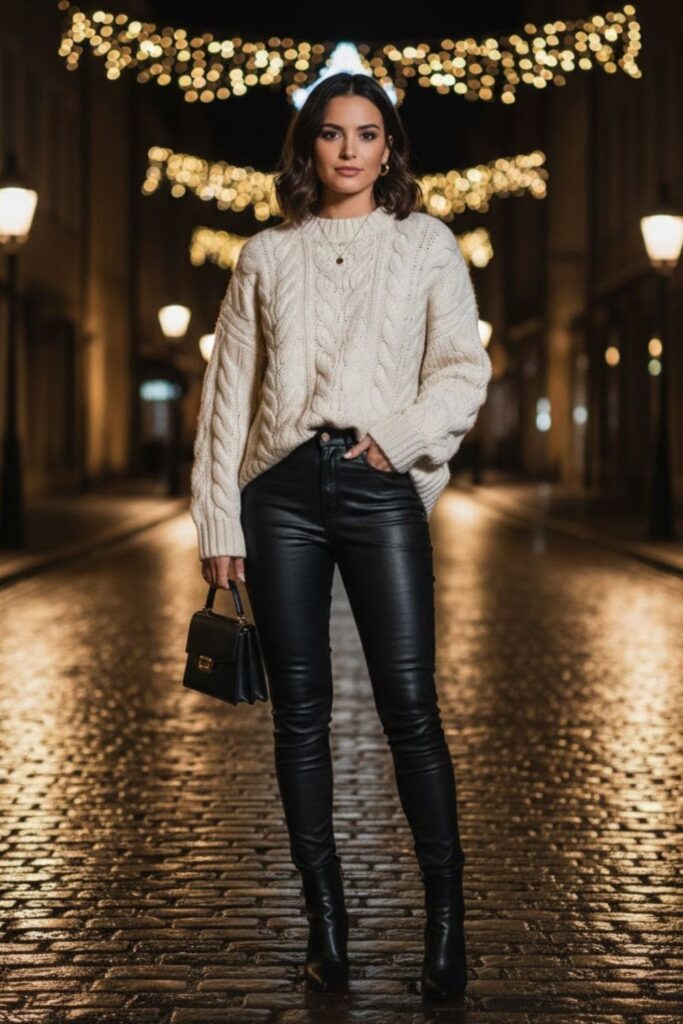 6. Chunky Sweater With Faux Leather Pants